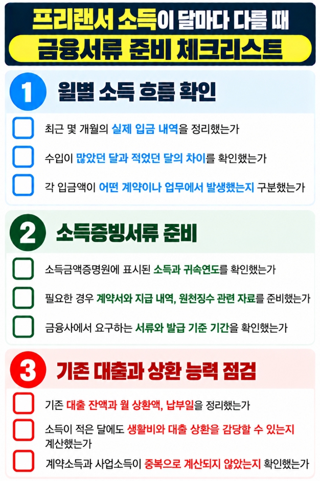 프리랜서의 월별 소득 흐름과 소득증빙서류, 기존 대출 및 상환 능력을 확인하는 체크리스트