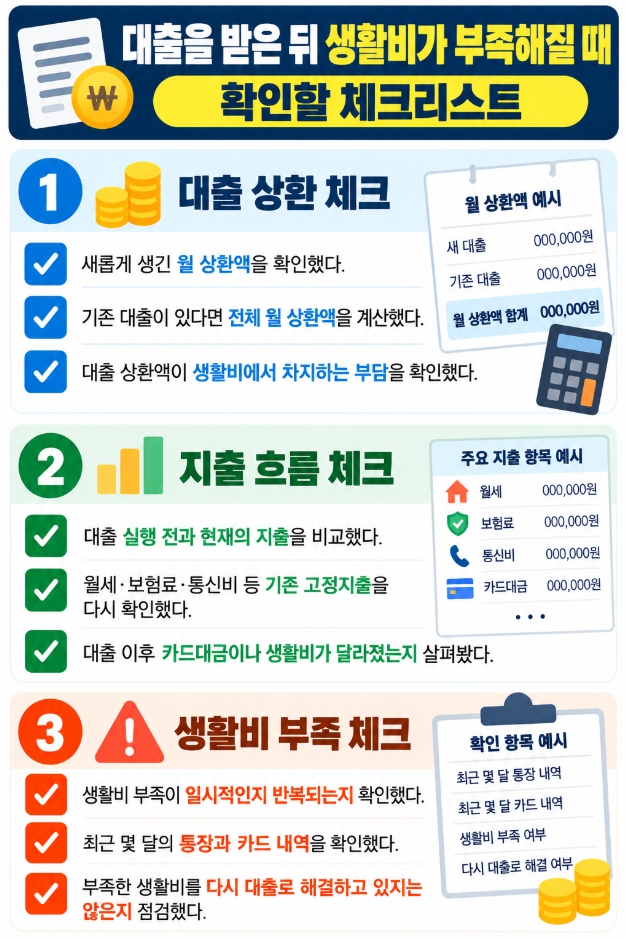 대출 후 생활비 부족과 월 상환액을 확인하는 체크리스트