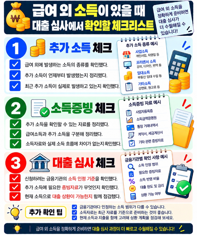 급여 외 소득과 소득증빙 자료를 확인하는 대출 심사 체크리스트