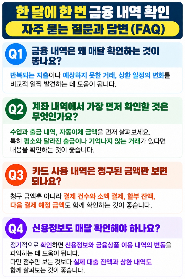 월간 금융 내역 확인과 계좌, 카드, 신용정보 관리에 관한 자주 묻는 질문